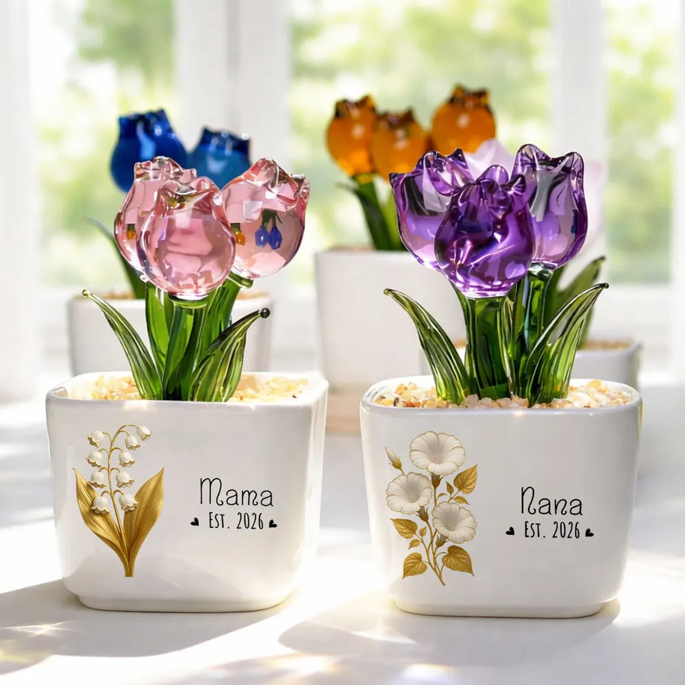 Personalized Square Glass Planter with Purple Tulips, Unique Creative Gift for Grandma, Floral Keepsake