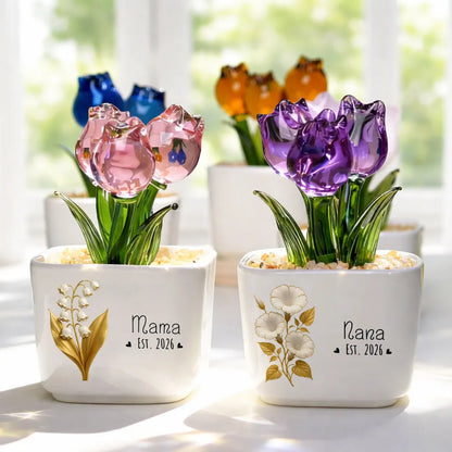 Personalized Square Glass Planter with Purple Tulips, Unique Creative Gift for Grandma, Floral Keepsake