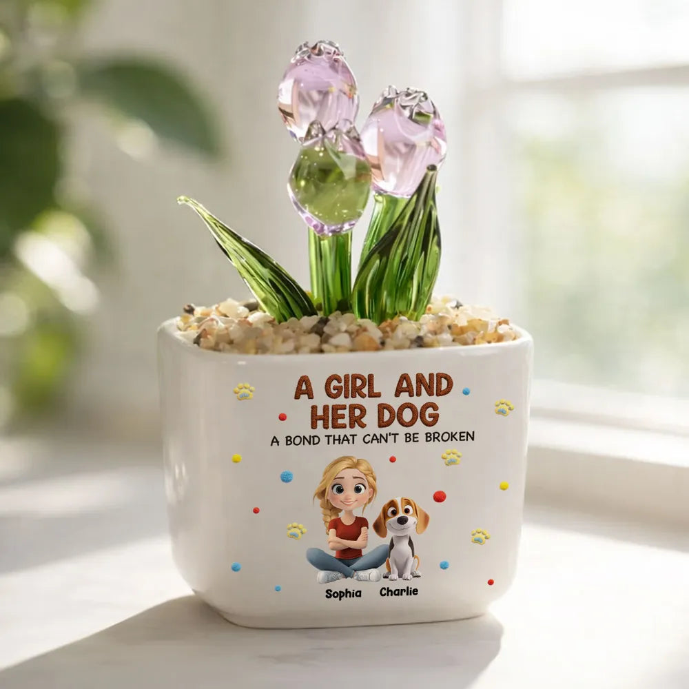 Square Glass Planter, Custom Girl and Her Dog Bond Design With Purple Tulips, Creative Gift for Pet Owners