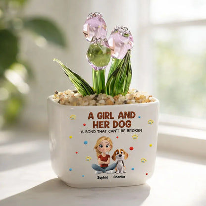 Square Glass Planter, Custom Girl and Her Dog Bond Design With Purple Tulips, Creative Gift for Pet Owners