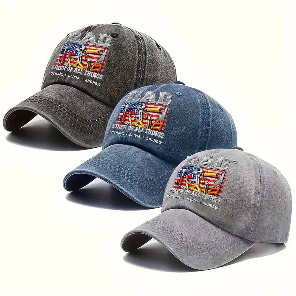 Personalized Washed Denim Baseball Cap - Dad Fixer Of All Things Tool Flag Design, Unique Gift For Father