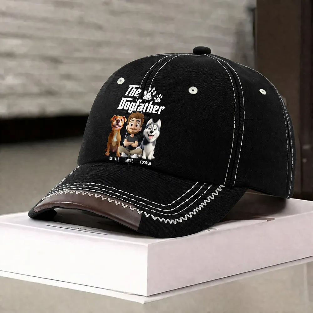 Personalized Leather Brim Cotton Cap, The Dogfather Cartoon Dog Dad Unique Gift for Dog Lovers