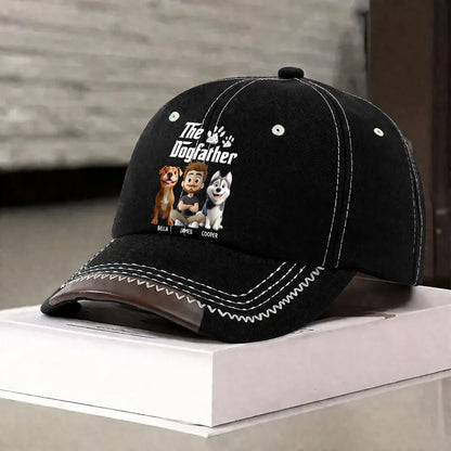 Personalized Leather Brim Cotton Cap, The Dogfather Cartoon Dog Dad Unique Gift for Dog Lovers