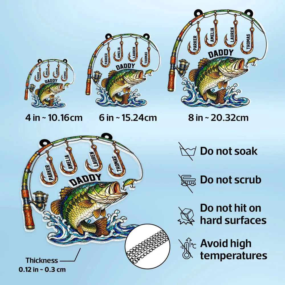 Personalized Acrylic Suncatcher Ornament for Fishing Daddy - Colorful Bass & Hooks Window Decor, Unique Gift for Dad