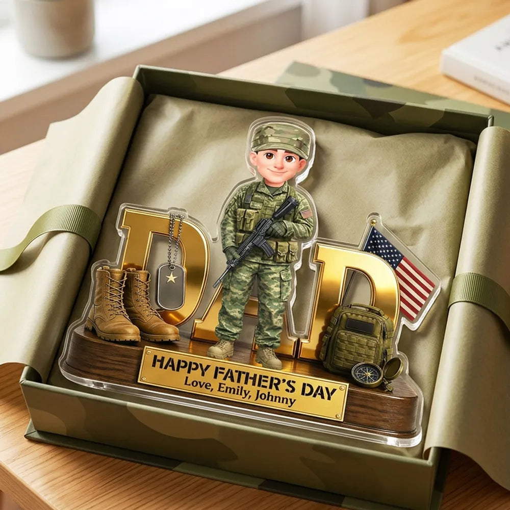 Personalized Shaped Acrylic Block Plaque Army Dad with US Flag & Gear, Father's Day Desk Decor, Unique Gift for Dad