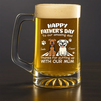 Personalized Handled Beer Glass With Funny Dog Art For Dad, Unique Father's Day Gift