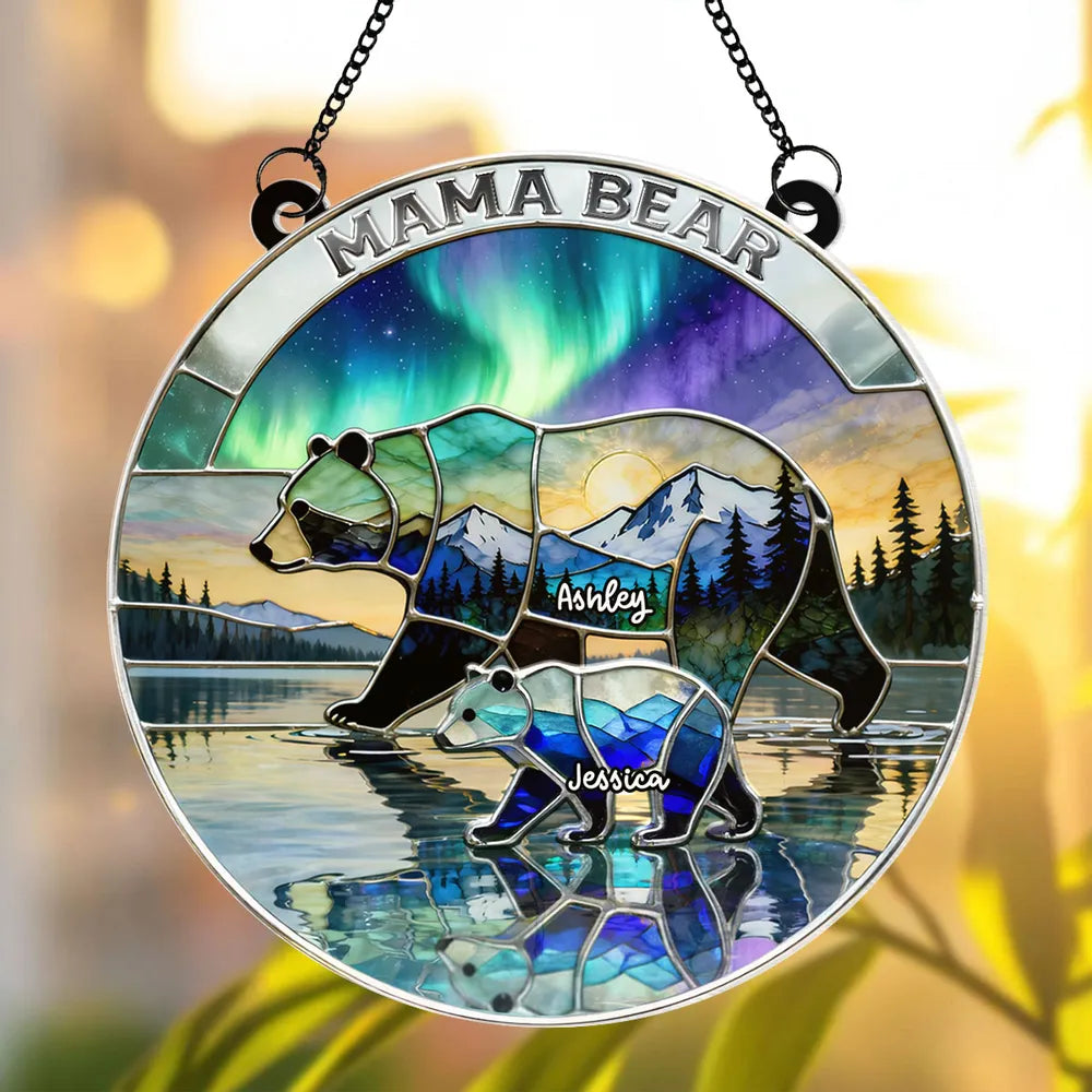 Acrylic Suncatcher Ornament with Stained Glass Style Bear Family Mountain Scene - Personalized Heartwarming Gift for Mom or Wife
