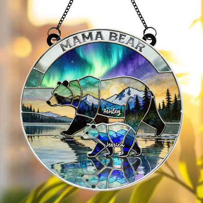 Acrylic Suncatcher Ornament with Stained Glass Style Bear Family Mountain Scene - Personalized Heartwarming Gift for Mom or Wife