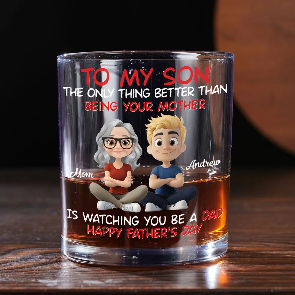 Watching My Son Be a Dad Whiskey Glass, Personalized Unique Gift from Mom with Cute Cartoon Art