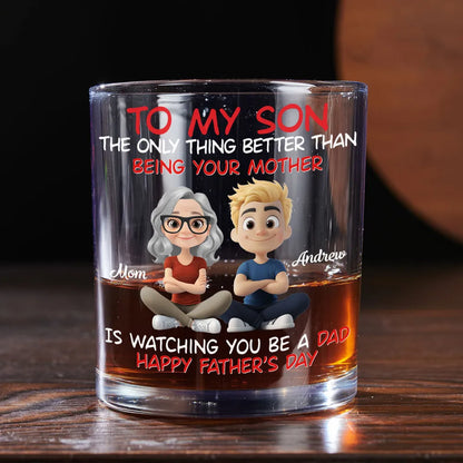 Watching My Son Be a Dad Whiskey Glass, Personalized Unique Gift from Mom with Cute Cartoon Art