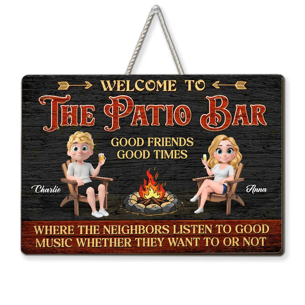Personalized Wooden Sign, Patio Bar Cartoon Couple by Fire Pit, Unique Gift for Friends