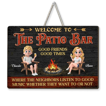 Personalized Wooden Sign, Patio Bar Cartoon Couple by Fire Pit, Unique Gift for Friends