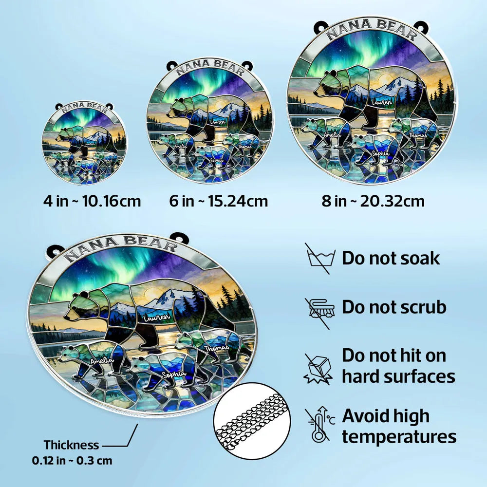 Acrylic Suncatcher Ornament with Stained Glass Style Bear Family Mountain Scene - Personalized Heartwarming Gift for Mom or Wife