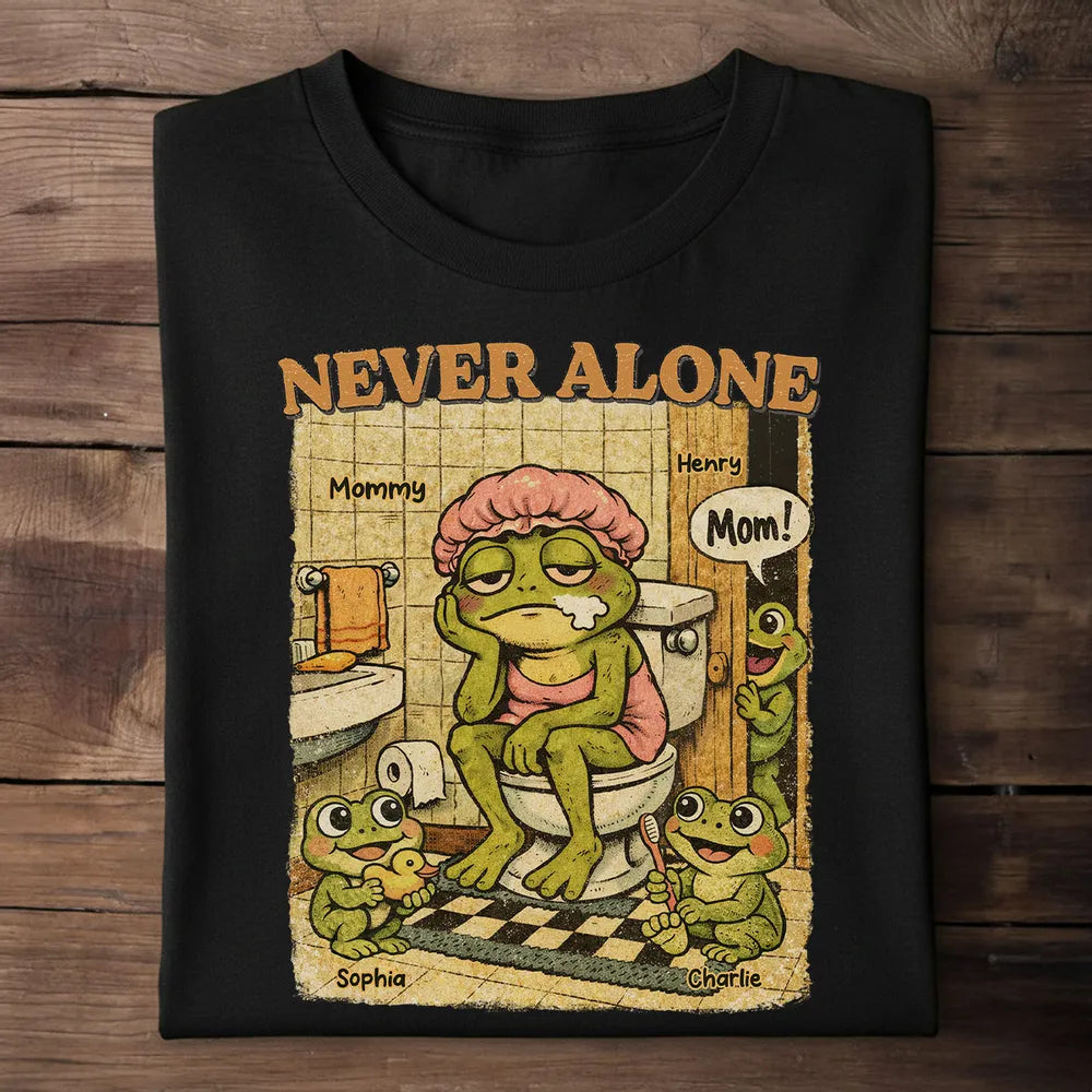 Personalized Never Alone Frog Mom Classic Tee, Funny Retro Bathroom Cartoon, Unique Gift for Mom
