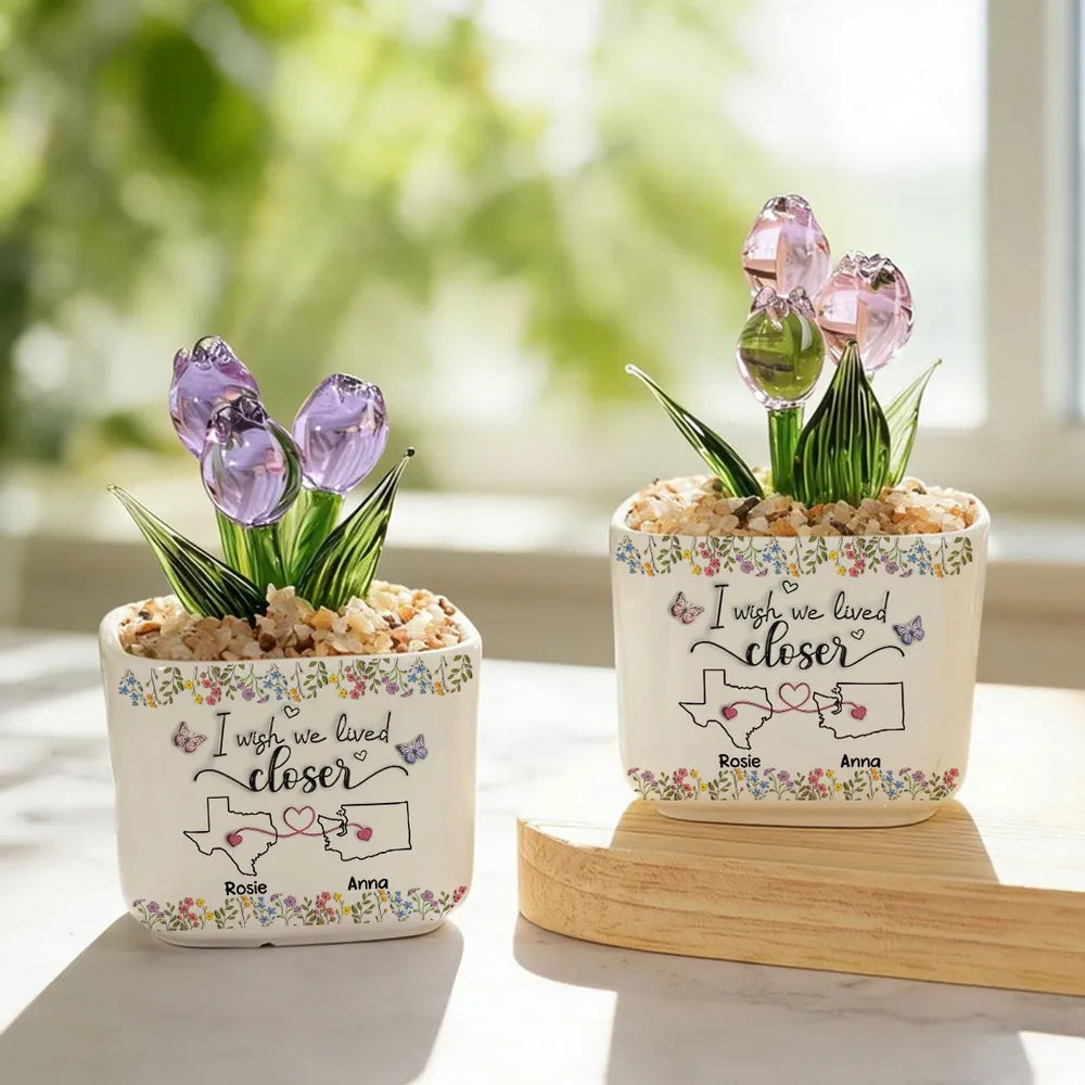 Personalized Square Glass Planter With Purple Tulips, I Wish We Lived Closer Unique Gift for Friend