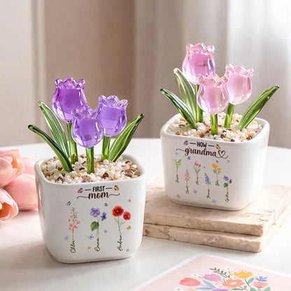 Personalized Square Glass Planter with Birth Month Tulips, Unique Creative Gift for Grandma