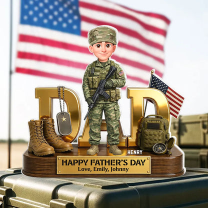 Personalized Shaped Acrylic Block Plaque Army Dad with US Flag & Gear, Father's Day Desk Decor, Unique Gift for Dad