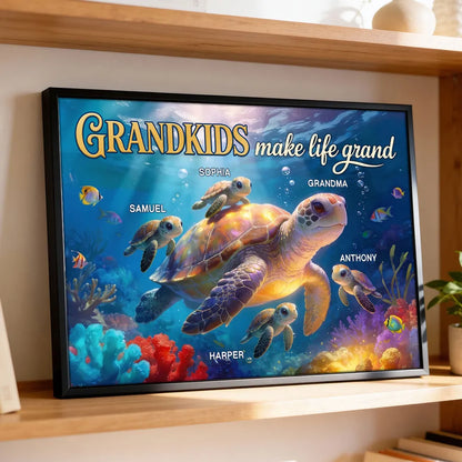 Grandkids Make Life Grand Sea Turtle Poster, Personalized Wall Art for Grandma, Heartwarming Ocean Decor, Creative Gift