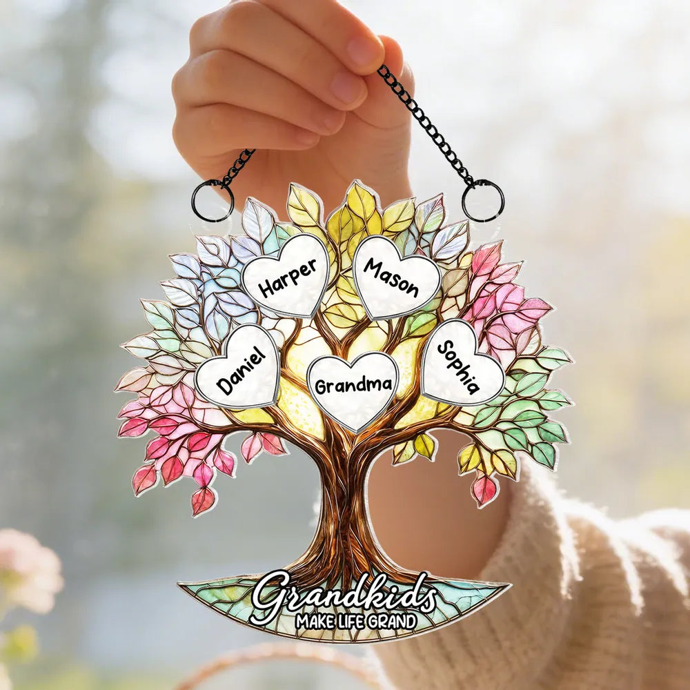 Personalized Acrylic Suncatcher Ornament Grandma Tree of Life with Heart Names for Window Decor, Unique Mother's Day Gift