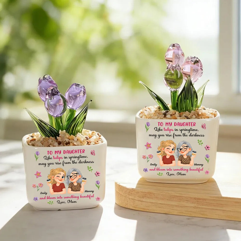 Personalized Square Glass Planter, Purple Tulip Daughter Gift from Mom, Unique Spring Keepsake