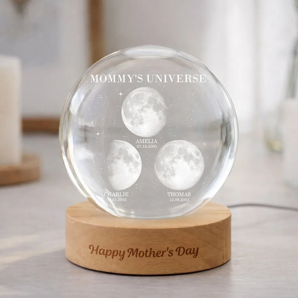 Personalized Globe Lamp Moon Phase Night Light for Mom - Mommy's Universe Starry Glow, Unique Mother's Day Gift