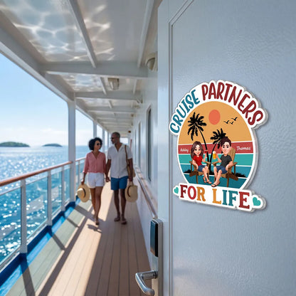 Personalized Acrylic Magnet Cruise Partners For Life Retro Sunset Couple Cruise Door Decor, Unique Gift for Couples