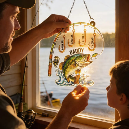 Personalized Acrylic Suncatcher Ornament for Fishing Daddy - Colorful Bass & Hooks Window Decor, Unique Gift for Dad