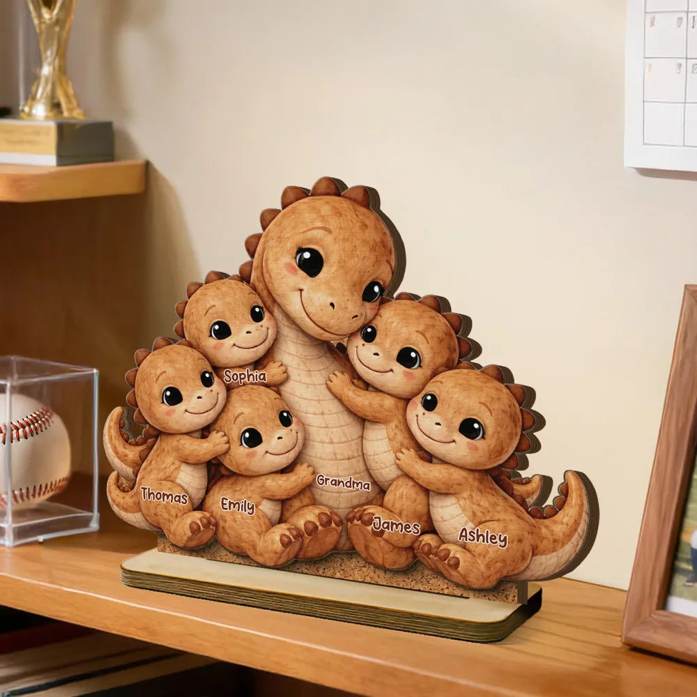 Personalized 2-Layer Wooden Plaque Cute Dino Grandma Hugging Grandchild Unique Gift for Grandma Mom - Heartwarming Keepsake