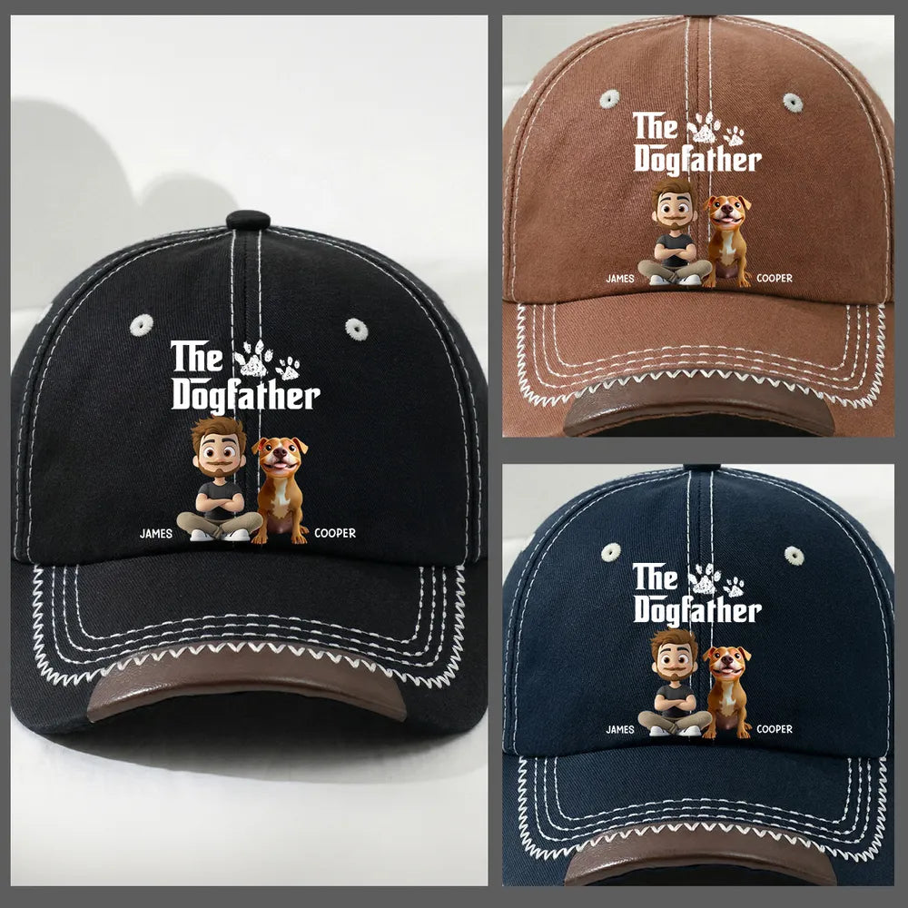 Personalized Leather Brim Cotton Cap, The Dogfather Cartoon Dog Dad Unique Gift for Dog Lovers