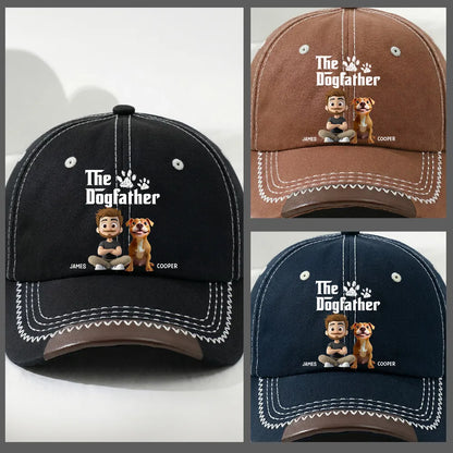 Personalized Leather Brim Cotton Cap, The Dogfather Cartoon Dog Dad Unique Gift for Dog Lovers