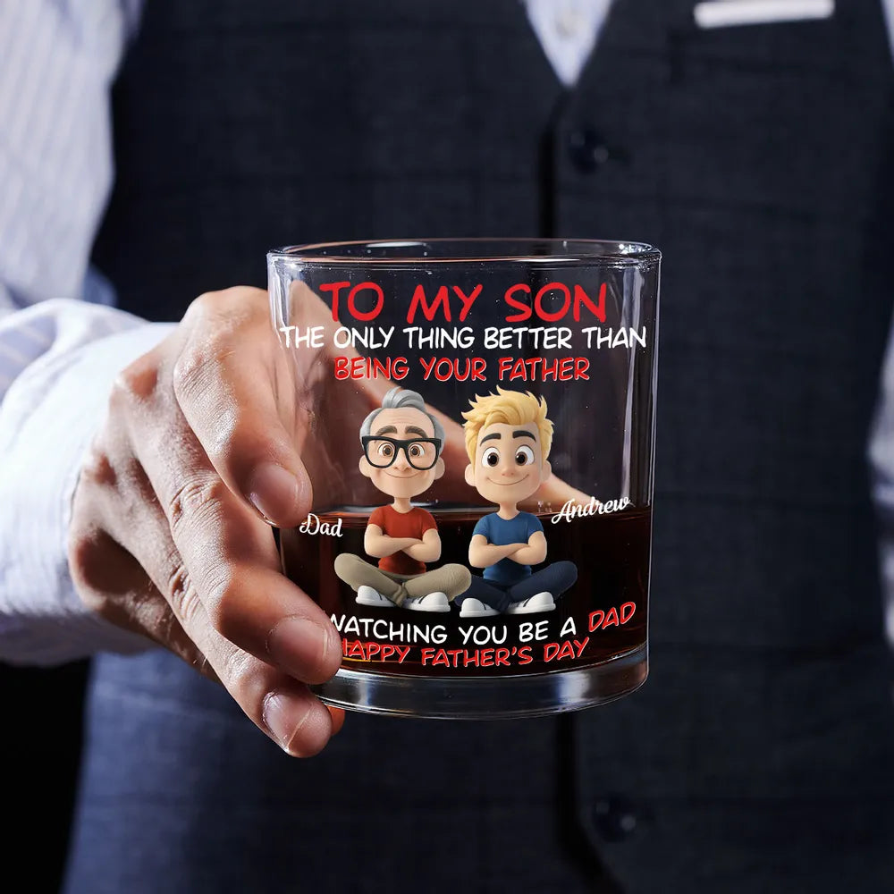 Watching My Son Be a Dad Whiskey Glass, Personalized Unique Gift from Mom with Cute Cartoon Art