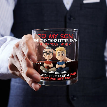 Watching My Son Be a Dad Whiskey Glass, Personalized Unique Gift from Mom with Cute Cartoon Art