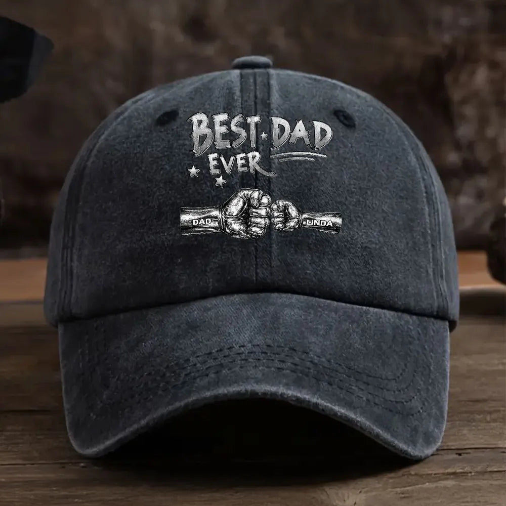 Personalized Washed Denim Baseball Cap, Best Dad Ever Fist Bump Design, Unique Vintage Look Gift for Dad