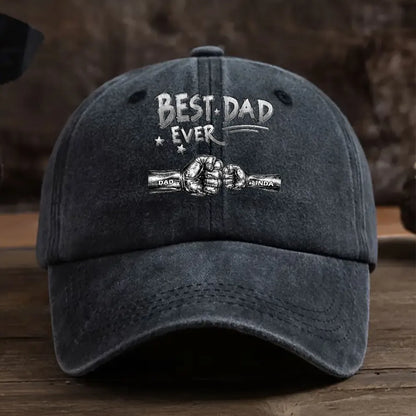 Personalized Washed Denim Baseball Cap, Best Dad Ever Fist Bump Design, Unique Vintage Look Gift for Dad