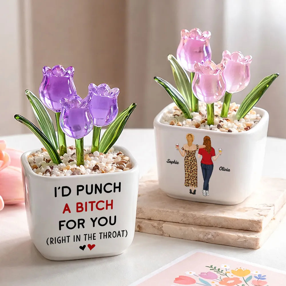 Personalized Square Glass Planter with Pink & Purple Tulips, Arm in Arm Friends, Unique Gift for Best Friend