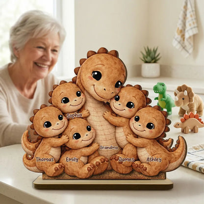 Personalized 2-Layer Wooden Plaque Cute Dino Grandma Hugging Grandchild Unique Gift for Grandma Mom - Heartwarming Keepsake