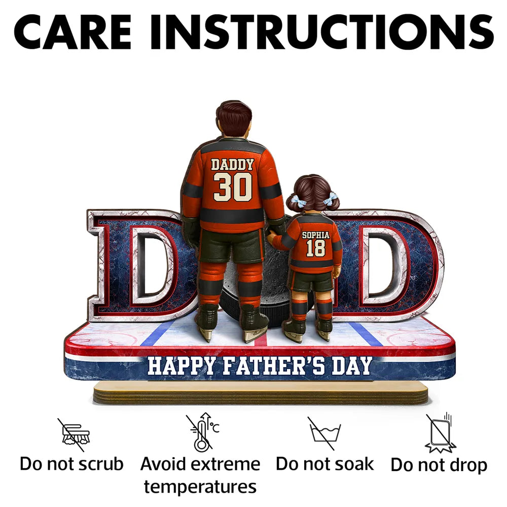 Personalized 2-Layer Wooden Plaque with Hockey Dad and Kid Holding Hands on the Rink - Unique Father's Day Gift