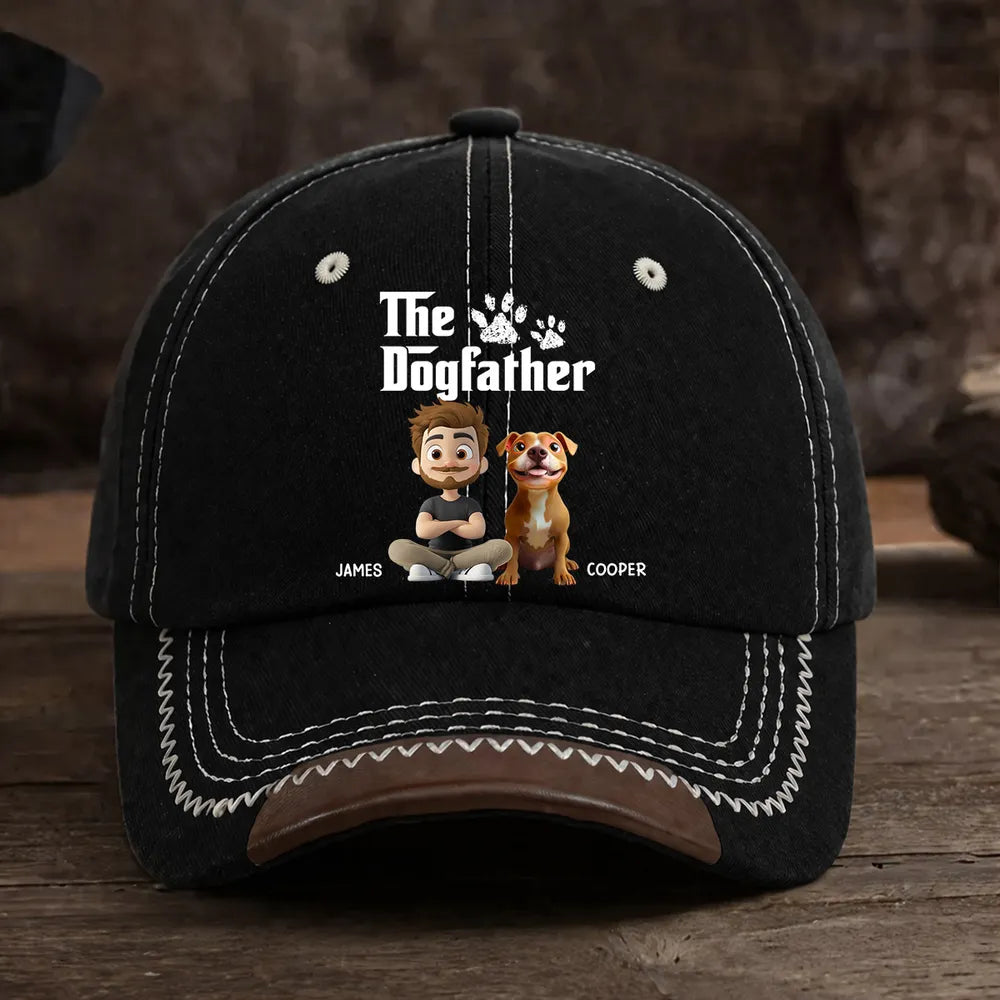 Personalized Leather Brim Cotton Cap, The Dogfather Cartoon Dog Dad Unique Gift for Dog Lovers