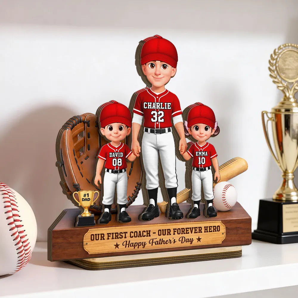Personalized 2-Layer Wooden Plaque, Baseball Dad & Kids Holding Hands, Unique Father's Day Gift for Dad