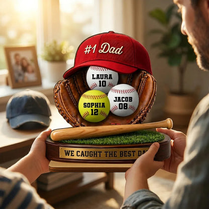 Baseball Dad 2-Layer Wooden Plaque, Custom Family Keepsake with We Caught the Best Dad, Creative Gift