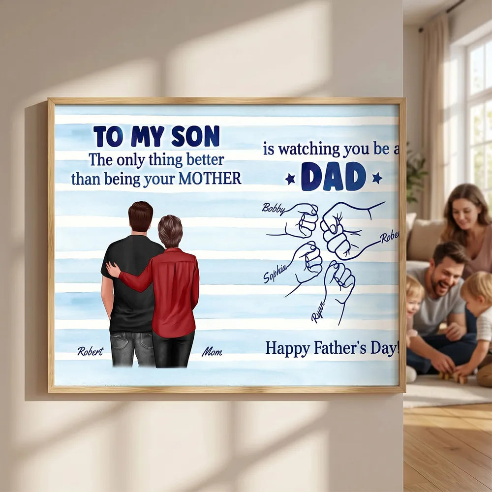 Personalized Father's Day Poster For Son, Blue Stripe Mom & Son Wall Art, Unique Gift For Dad