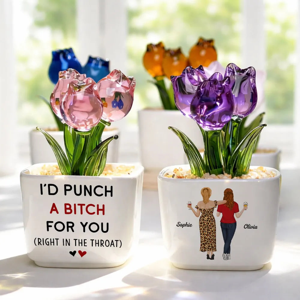 Personalized Square Glass Planter with Pink & Purple Tulips, Arm in Arm Friends, Unique Gift for Best Friend