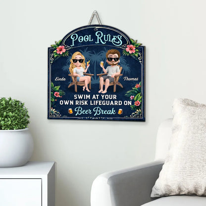 Personalized Wooden Sign With Seated Poolside Couple & Drinks, Unique Gift for Backyard Decor
