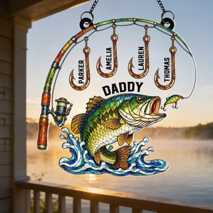 Personalized Acrylic Suncatcher Ornament for Fishing Daddy - Colorful Bass & Hooks Window Decor, Unique Gift for Dad