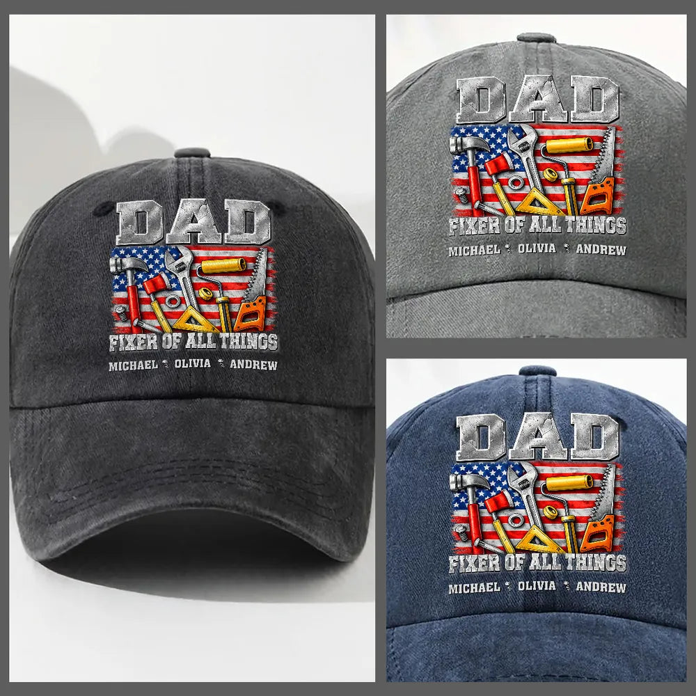 Personalized Washed Denim Baseball Cap - Dad Fixer Of All Things Tool Flag Design, Unique Gift For Father