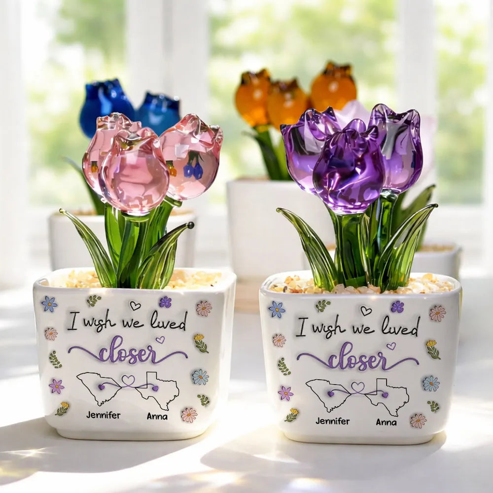 Personalized Square Glass Planter With Purple Tulips, I Wish We Lived Closer, Unique Friend Gift