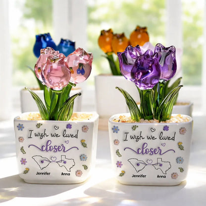Personalized Square Glass Planter With Purple Tulips, I Wish We Lived Closer, Unique Friend Gift