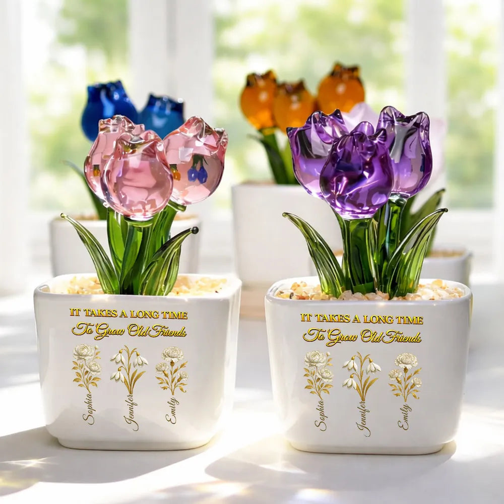 Personalized Square Glass Planter with Purple Tulips, Unique Creative Gift for an Old Friend