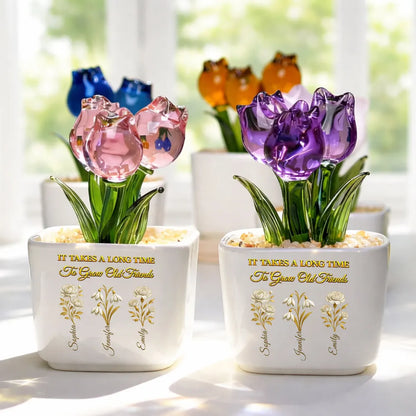 Personalized Square Glass Planter with Purple Tulips, Unique Creative Gift for an Old Friend