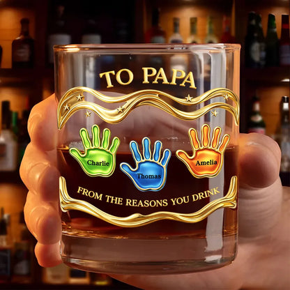 Personalized Whiskey Glass 'To Papa' From the Reasons You Drink, Handprint Design, Funny Unique Gift for Dad or Grandpa